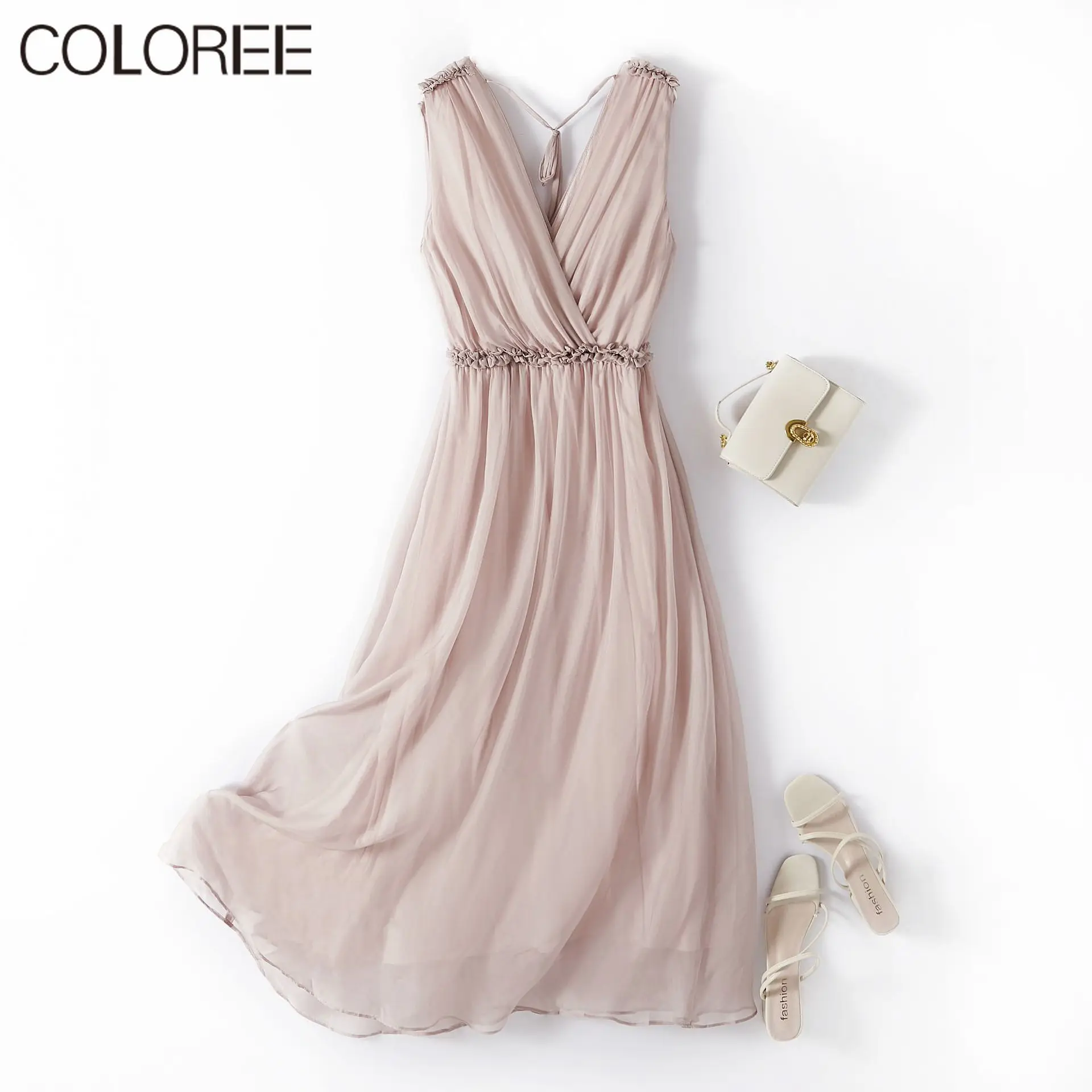 

Korean Fashion Elegant Ruffles Pleated Maxi Dresses for Women 2023 Summer Vacation Bohemian Beach Dress 100% Pure Silk