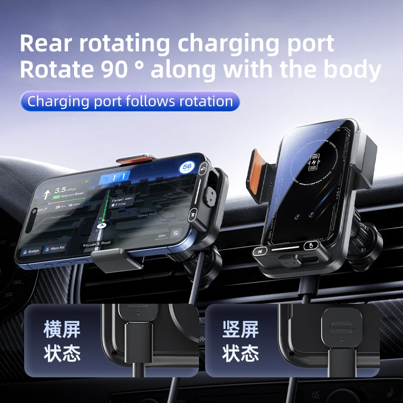 Caricatore per Auto con Supporto Telefono, Ricarica Wireless 15W e Cablata, Rilevamento Automatico, Rilascio e Rotazione con Un Tocco, Certificato Qi FCC ROHS - Image 5