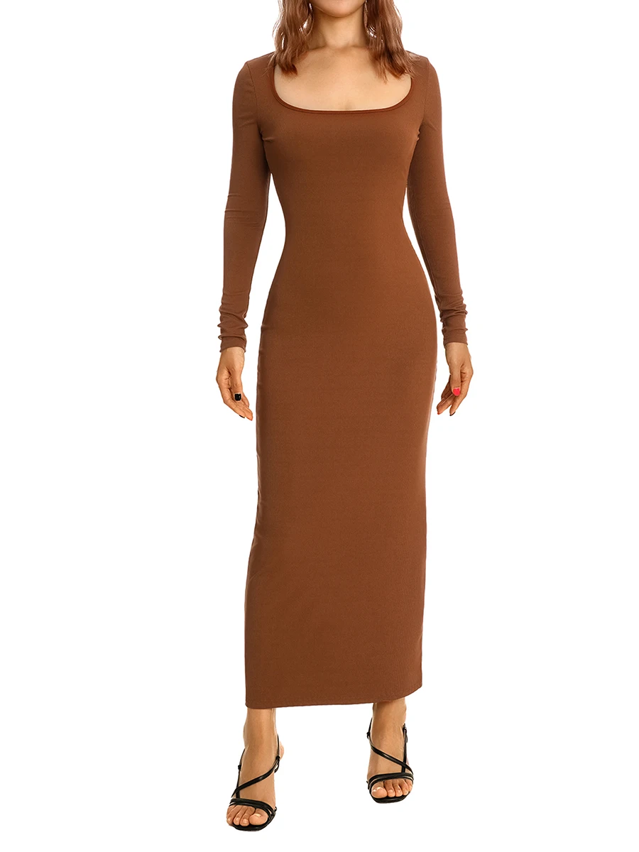 

Women Spring Autumn Solid Color Bodycon Dress Knitted Ribbed Square Neck Long Sleeve Party Club Skinny Long Dress