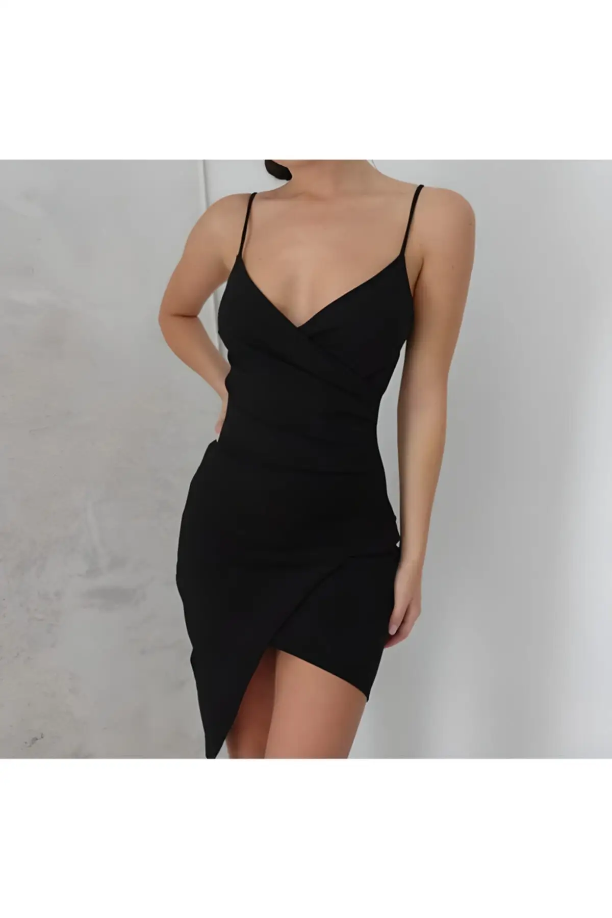 

Double-breasted Collar Crepe Fabric Dress Woven Long Sleeve Trend Sitting Mini Black Medium Wear