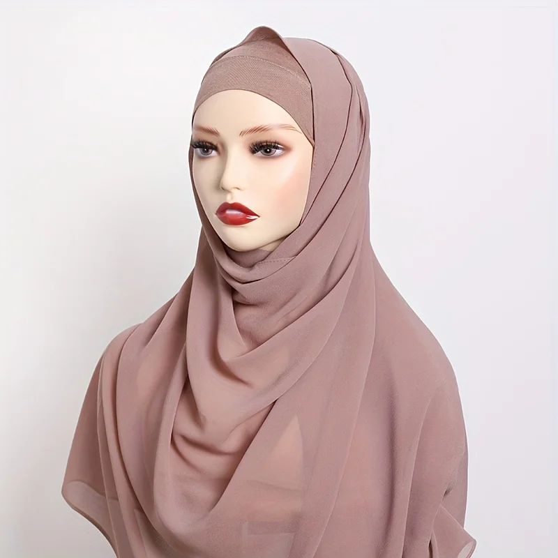 2 teile/satz Chiffon Hijab passend Under cap Lady muslimische Frauen Schals Schal solide Sonnenschutz Schal und Base Cap Turbante – Detail 3