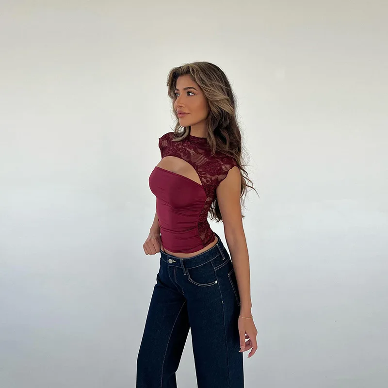 Top sexy con estampado calado Y2k para mujer, jersey transparente ajustado, recortado, con parches en contraste, ropa de calle, camiseta sin mangas para mujer