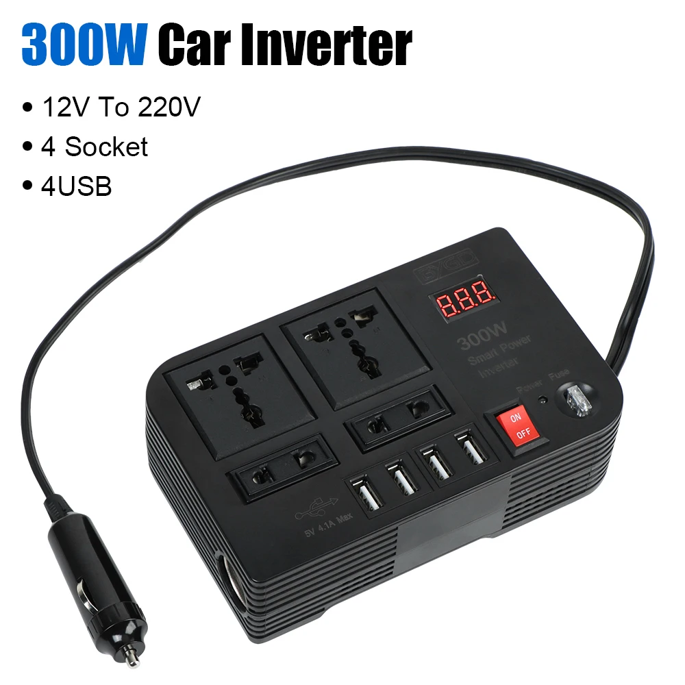 

DC 12V to AC 220V Converter Car Inverter Outlets 4 AC Sockets ON/OFF Switch Power Adapter 4 USB Ports Overload Protection 300W