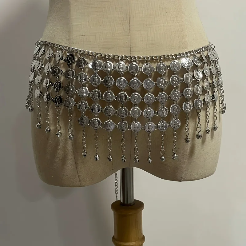Gold Coin Alloy Waist Chain Belt with Bells - Five-Layer Belly Dance Performance Accessory