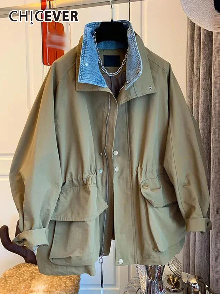 

CHICEVER Streetwear Patchwork Denim Coats For Women Lapel Long Sleeve Spliced Zipper Autumn Casual Loose Hit Color Coat Female
