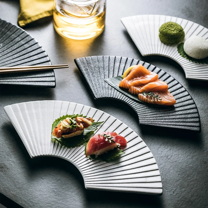 Ceramic Frosted Fan Japanese Sushi Dinner Set Plates Dishes Tableware Kitchen Bar Supplies