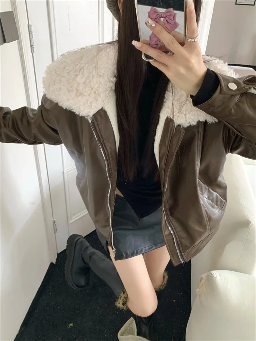 

Alien Kitty Retro OL Women PU Coats Spring Chic Plush Warm 2023 Slim Hot Loose Gentle Lamb Wool All Match Office Lady Jackets