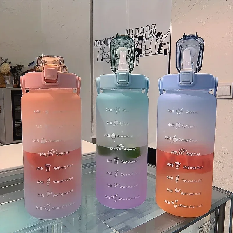 Large 2 Liter Portable Water Bottle with Straw and Time Scale for Women and Girls - Ideal for Travel, Sports, and Fitness
