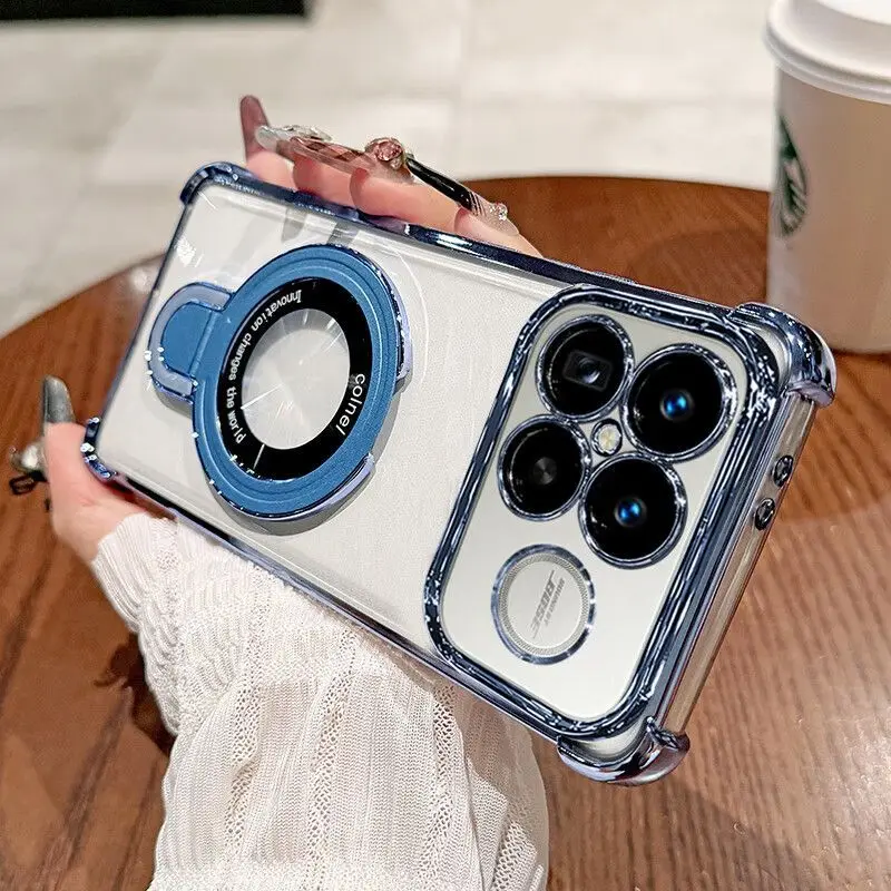 Electroplated Transparent Magnetic Stand Case with Four-Corner Protection