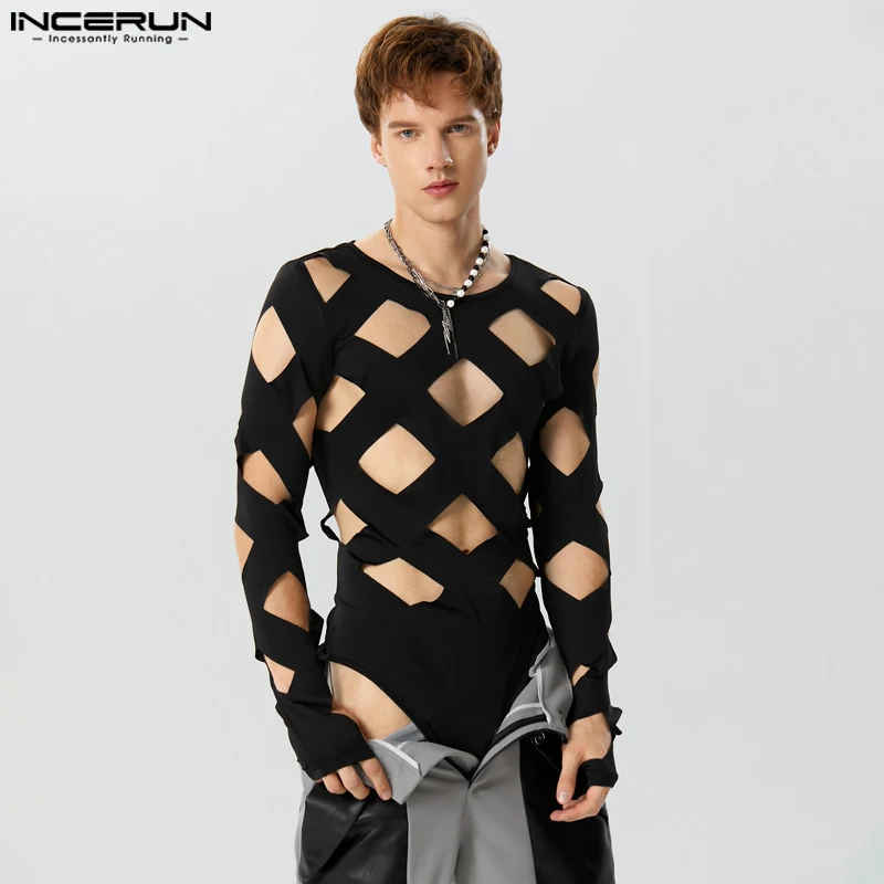 Men Bodysuits Solid Color Hollow Out Sexy O-neck Long Sleeve Men T Shirts Rompers Streetwear Fashion Bodysuit S-3XL