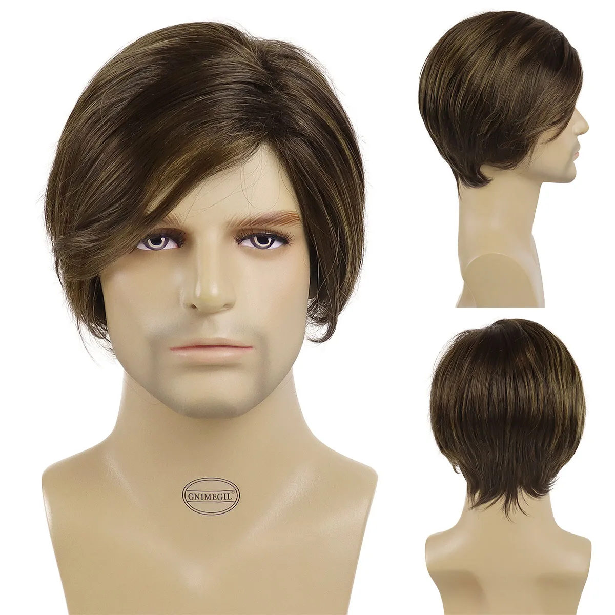 GNIMEGIL Synthetic Mullet Head Wig Natural Brown Wig for Man Boys Short