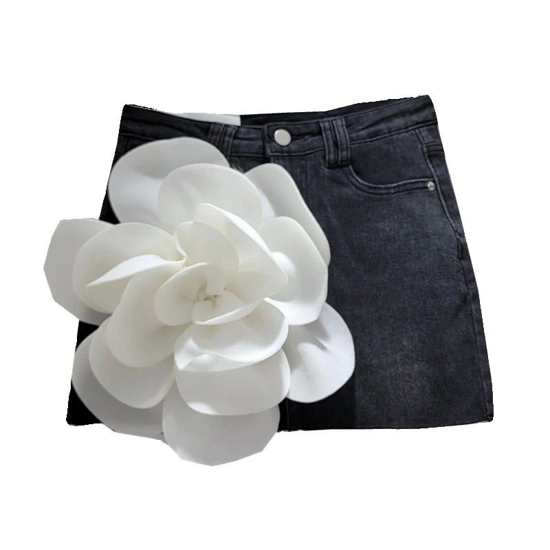 Raw Edge Denim Skirt Female 2024 Summer Hot Girl Flower Sexy High Waist Slimming A- Line Anti-Exposure Sheath Skirts vintage raw edge micro flare stretchless jeans women high waist spice girl style jeans women pants padded