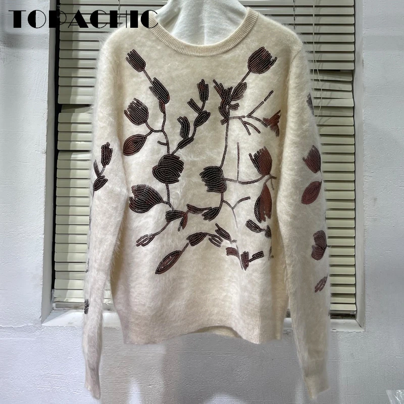 

10.30 TOPACHIC Women's Fashion Heavy Industry Sequins Decoration 100% Cashmere Soft Comfortable Knitted Pullover Sweater