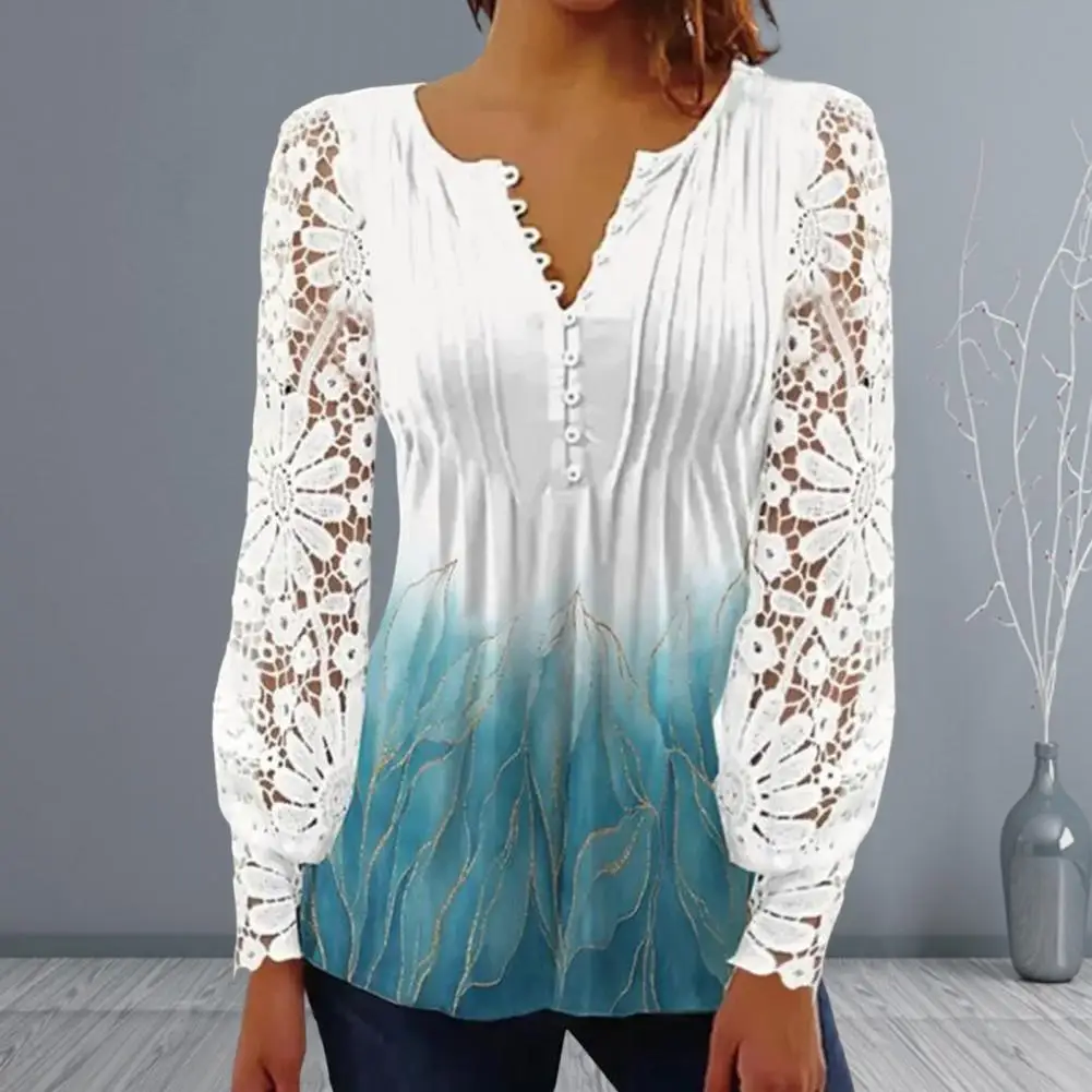 Ladies Summer Shirt Lace Stitching Long Sleeve Top Daily Wear Hollow Out Blouse See-through Spring Summer T-shirt Women Clothing