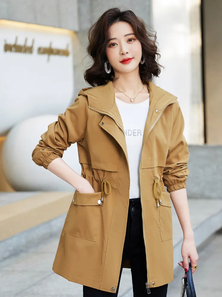 

Women's Jacket Trench Coat Fashionable Long-sleeved Solid Color Casual Hooded Trench Clothing Tops Spring Autumn New