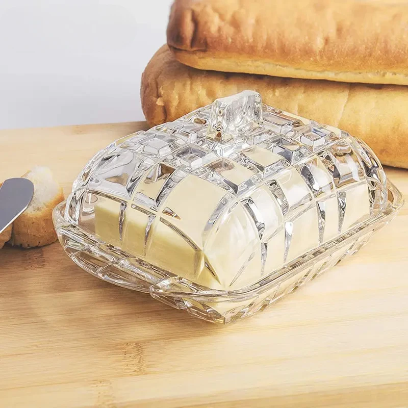 Light Luxury Clear Glass Butter Dish with Lid Creative Kitchen Grid Relief Boxes Western Food Cheese Dessert Butter Storage Box