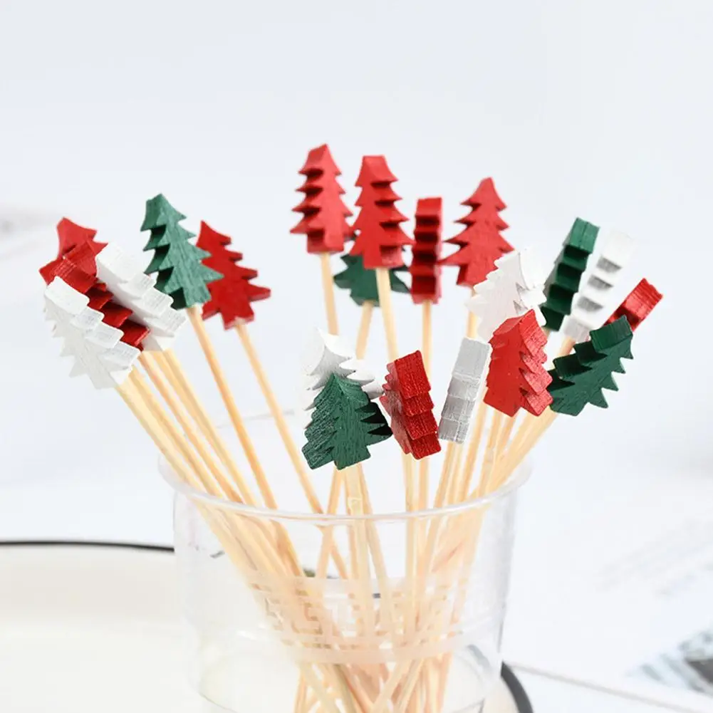 

50Pcs/set Christmas Fruit Sticks Disposable Bamboo Sticks Snowflake Christmas Tree Elk Santa Claus Snowman Sticks Xmas Ornaments
