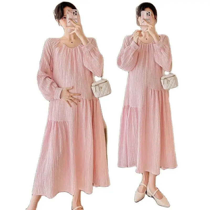 

Spring Long Sleeved Pregnant Women's A-line Dress Plus Size Hollow Out Collar Maternity Long Loose Pleated Dress Chiffon Dresses