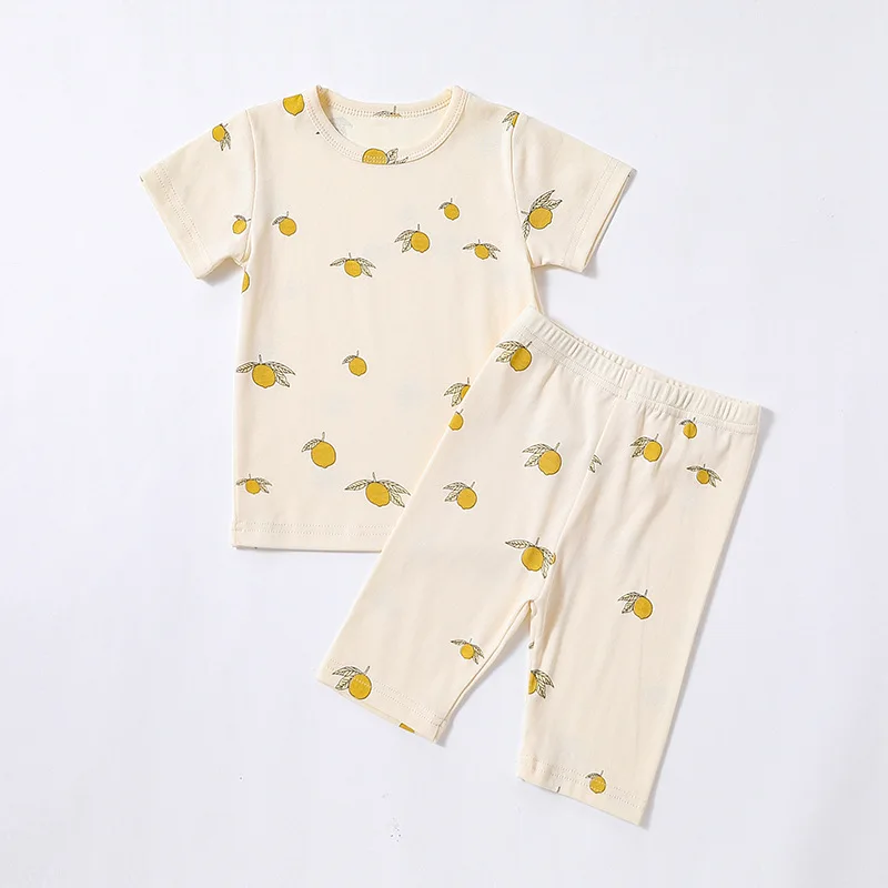New Summer Clothes Boy Girl Pajamas Cute Print O-neck Short Sleeve T-shirt+Knee Length Pants Newborn Home Wear Nightgown E23072