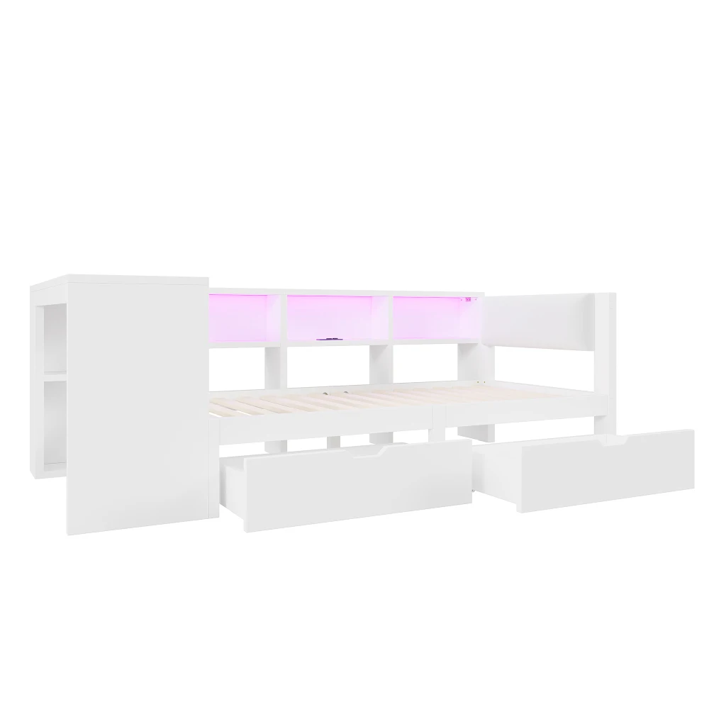 90x200 Plattformbett aus Holz mit Stauraumbereichen, Schubladen, Ladestation und gepolstertem Kopf, mit bunten LED-Leuchten, Weiß – Detail 15