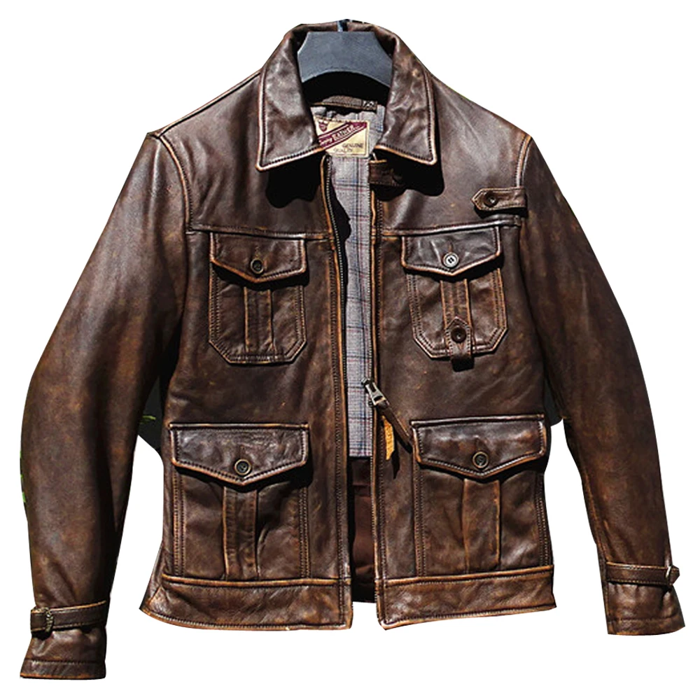 

High Quality Tough Guys Mens Cowhide Jacket and Coat Muti Pocket Automotive Man Cow Leather Jacket Winter Plus Size 6XL Overcoat