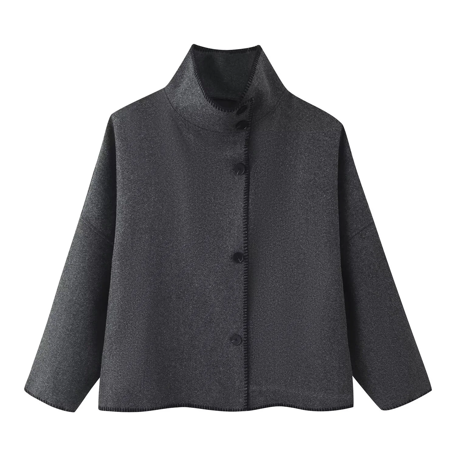 Women Loose Shoulder Sleeves Wool Coat Female Autumn Elegant High Neck Long Sleeve Button Jacket Lady Causal Overcoats Chic Tops