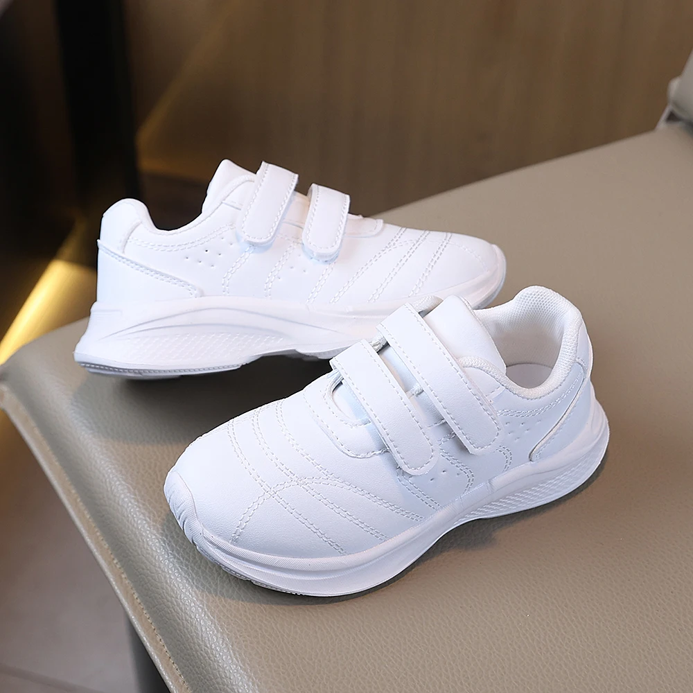 COMFY KIDS 남아 여아 흰색 가죽 후크앤루프 스쿨 스니커즈, 부드러운 쿠션 논슬립 방수 캐주얼 러닝화, 모든 사이즈
