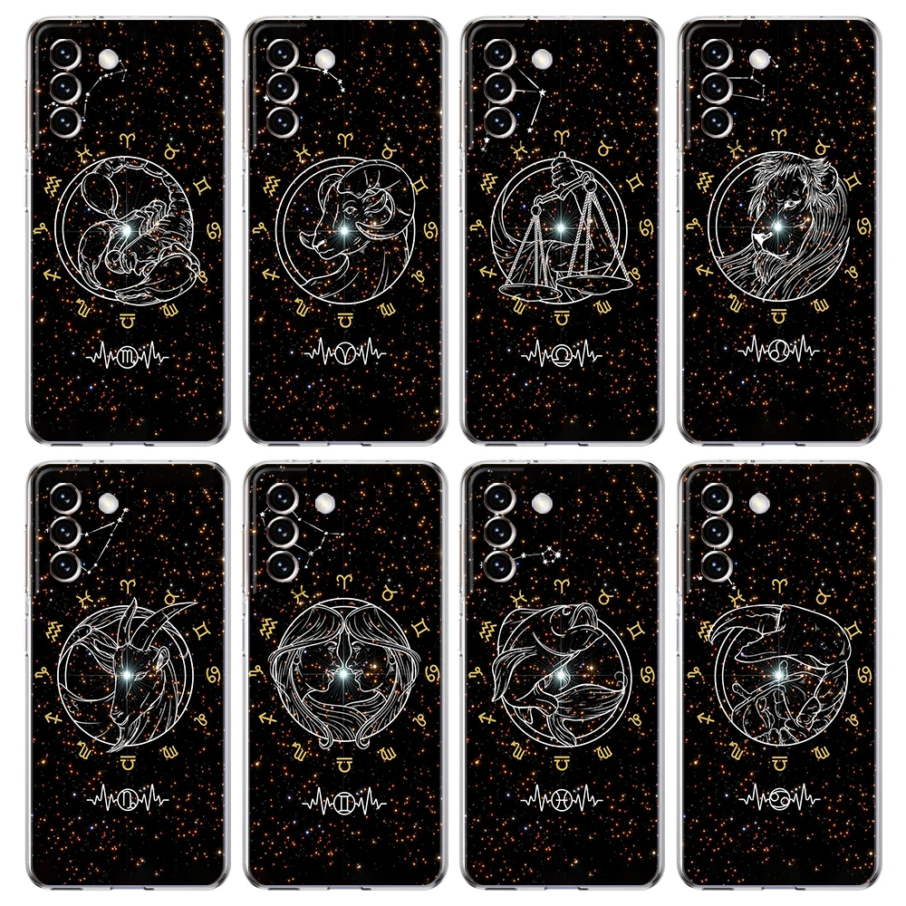 Cartoon Sternzeichen Fall für Samsung S24 S23 S22 S20 S21 FE Ultra S24 S23 S10 S10E S9 S8 Plus 5G Transparente Telefon Shell Capas Taschen