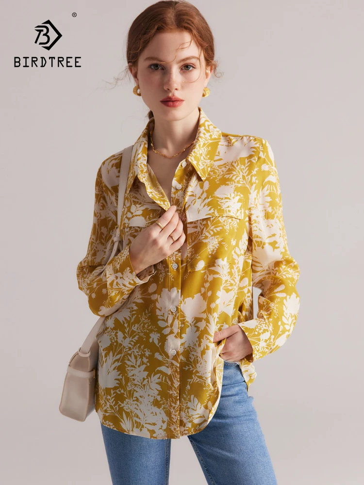 

Женская рубашка с принтом Birdtree, 100% шелк тутового шелкопряда, весна/лето 2023, новинка, рубашка с длинными рукавами и двойным карманом для путешествий, T38221QC