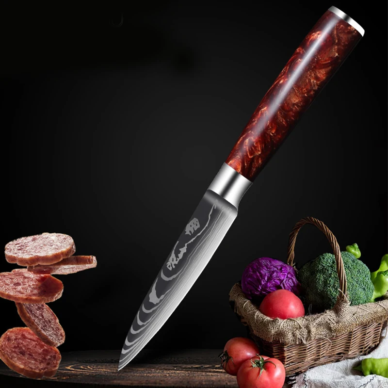 Japanese Fruit Knife Resin Handle Laser Damascus Pattern Ultra-Sharp Cutting Vegetable Boning Kitchen Utility BBQ