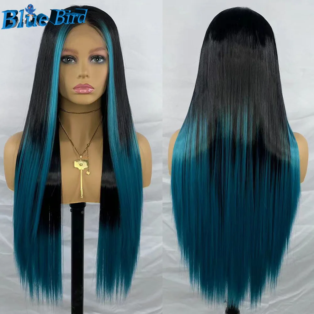 

BlueBird Long 1b/Blue Balayage 13x4 Glueless Futura Synthetic Hair Lace Front Wigs For Women Silky Straight Heat Resistant Wig