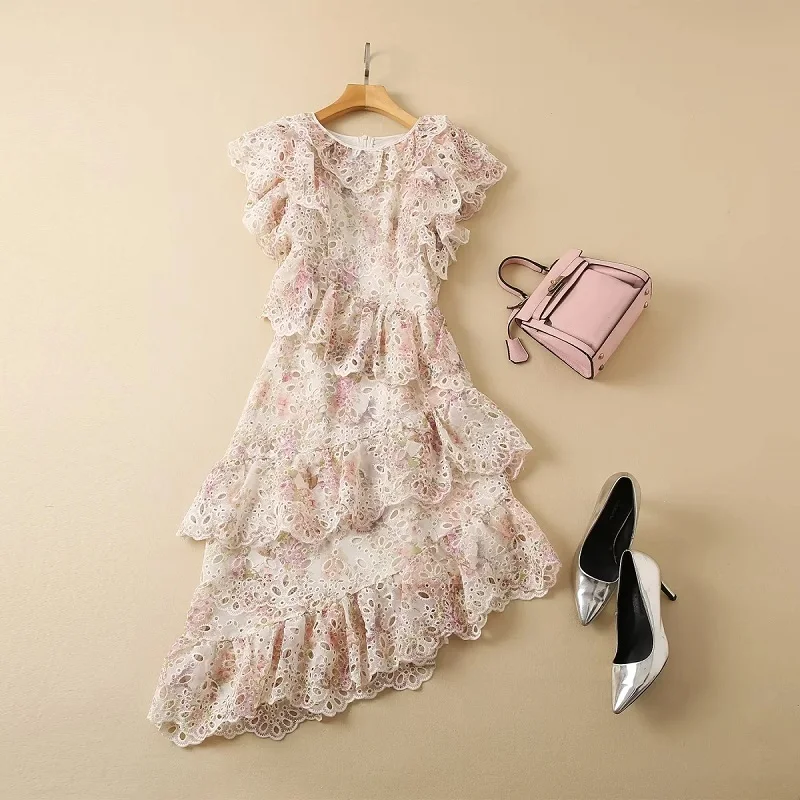 

Top Quality New Summer Dress 2022 Women Allover Hollow Out Embroidery Cascading Ruffle Sexy Asymmetrical Party Club Dress Chic