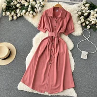Summer Vintage Green/Blue/Red Turn-Down Collar Single Breasted Dress Casual Short Sleeve High Waist A-Line Midi Robe New Fashion - Image 5
