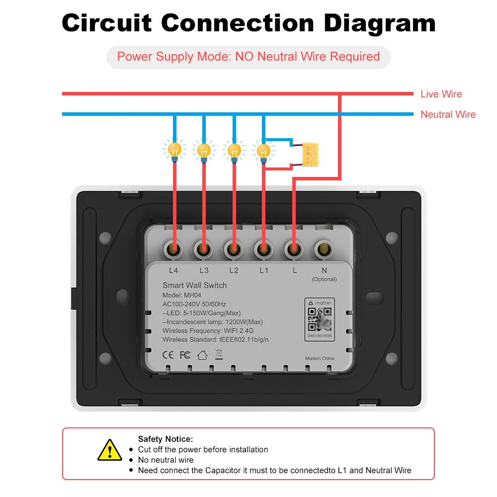 Tuya Matter WiFi Smart Switch Neutral Wire Optional Switch US Standard Switch Push Button Light Switch Voice Control With Alexa