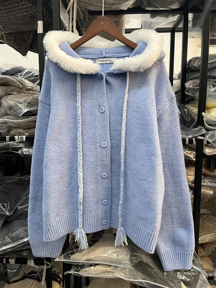 2025 New Women Fashion Plush Hooded Knitted Cardigans Long Sleeve Sweater Cardigan Autumn Winter New Style Knitwear Coat