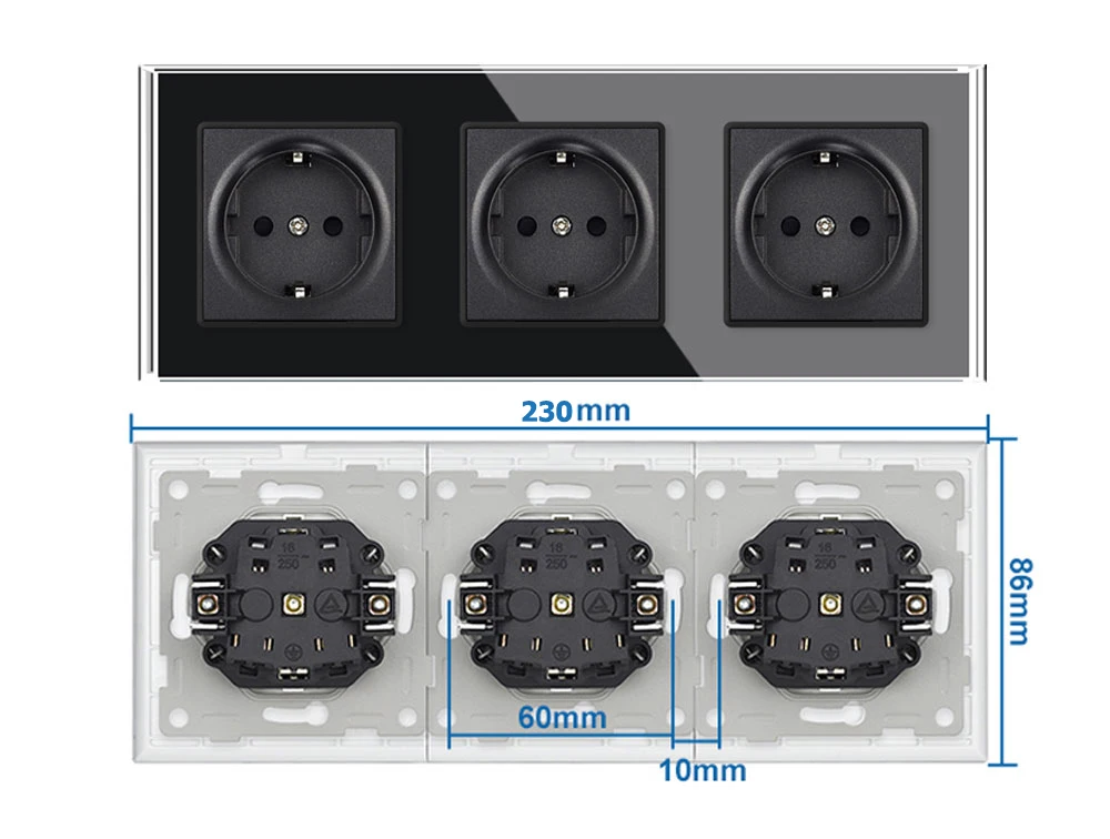 Description Picture 4 of itemEU French DIY Black Crystal Glass Panel 1 2 Gang Wall Switch USB Type C Data Cat6 TV Dimming Socket with Iron Claw for Round Box