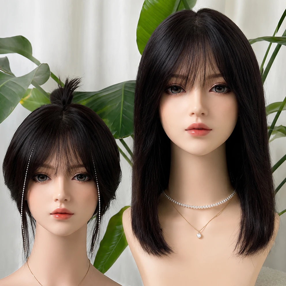 숏밥 고품질 통합형 피쉬넷 인모 가발 여성용 부분 가발 실크탑 토퍼 베이스 가..