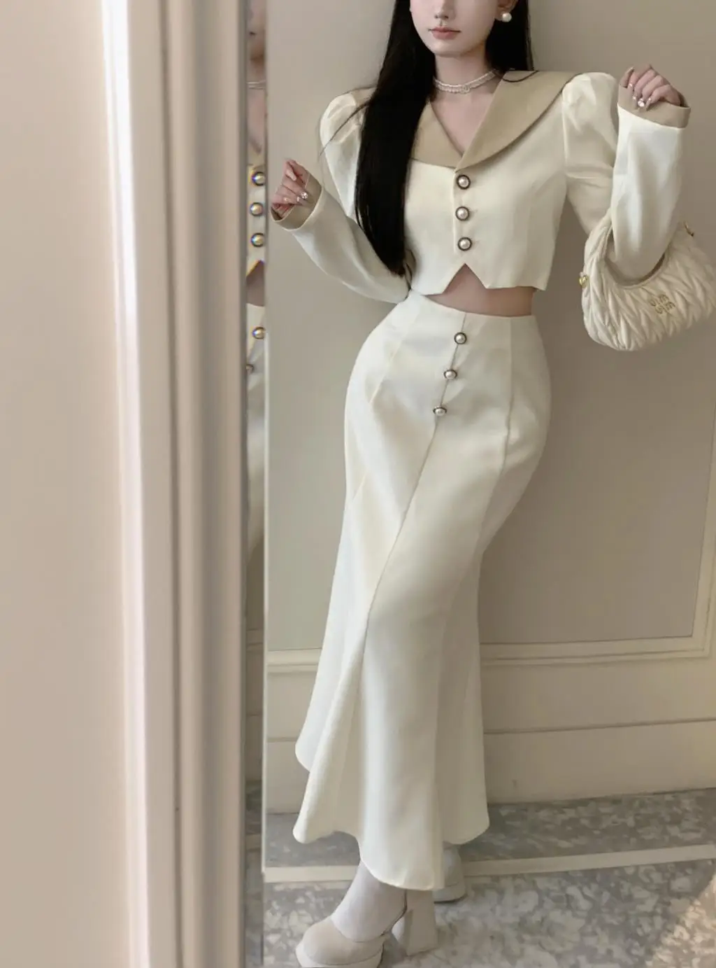Elegant Two Piece Set Women Long Sleeves Short Coat + High Waist Mermaid Skirt Autumn Winter Solid Korean Style Patchwork Outfit
