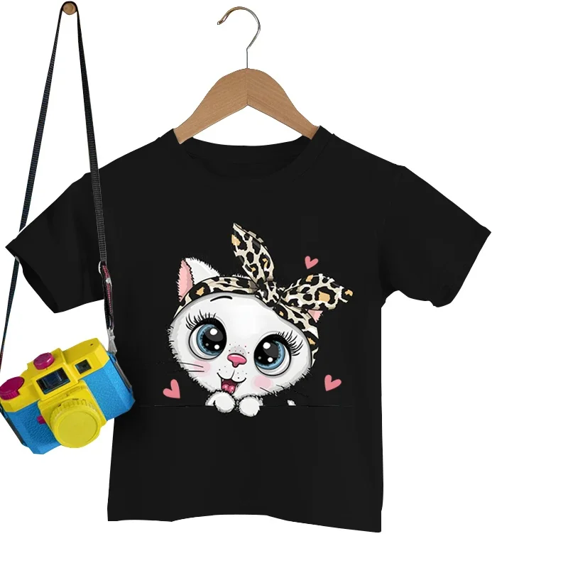 

Children's T-Shirts White Kitten with A Leopard Bow Printed Tops Boys Girls Cartoon Cats Tshirt Summer Short Sleeve Shirt Top