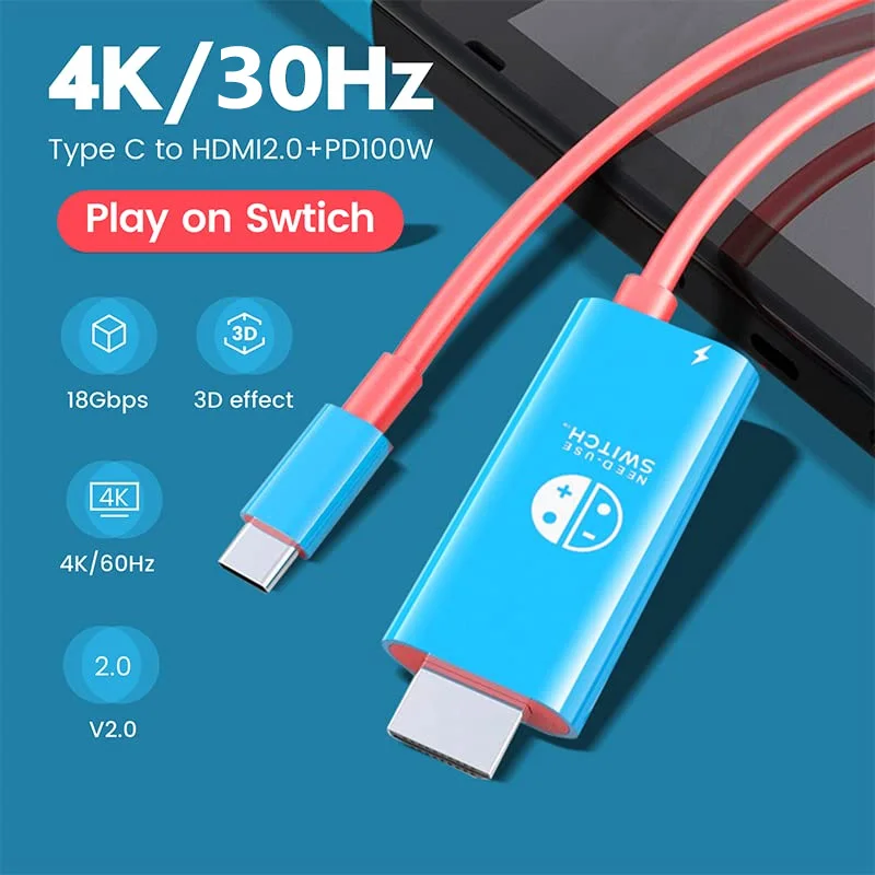 2m 4k 30Hz Portable USB Type C to HDMI Conversion Cable for TV Docking Mode on Switch Steam Deck