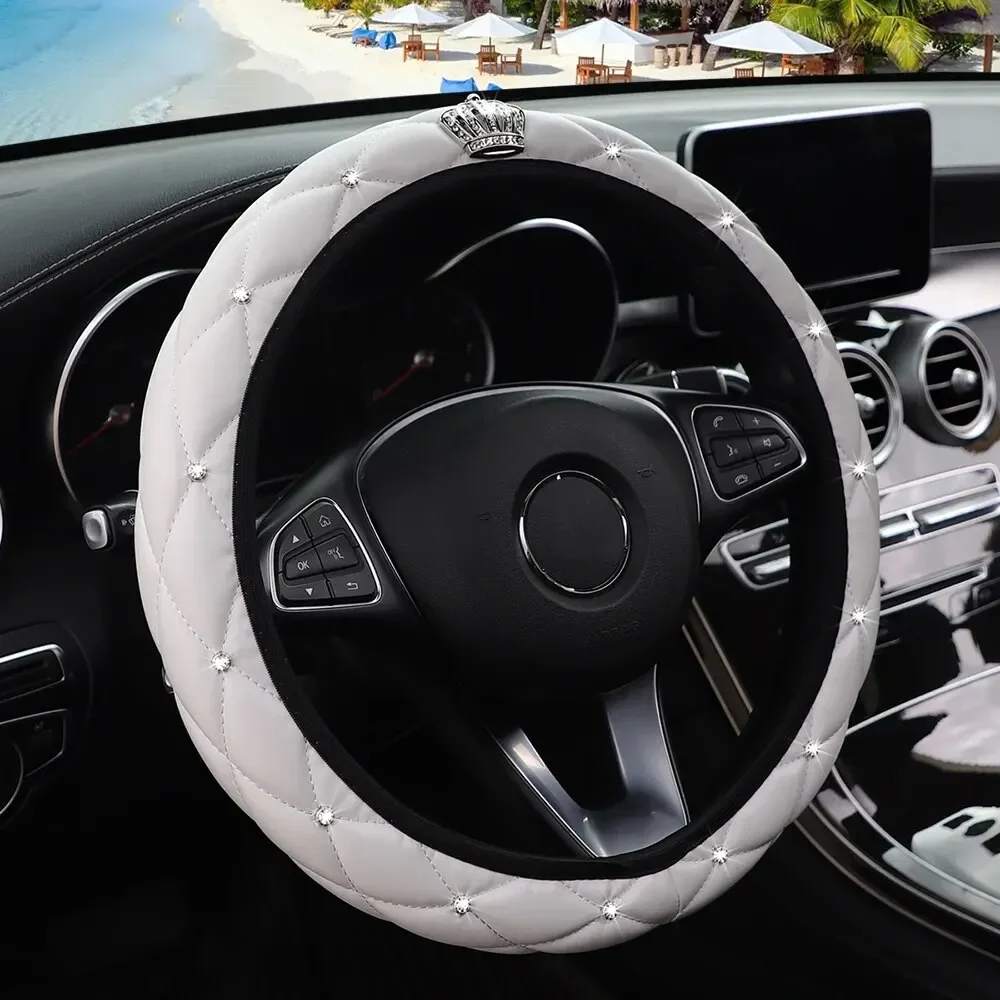 Steering Wheel Cover Universal Car Steering Wheel Cover 37-38cm PU Leather Diamond-encrusted Crown Steering Wheel Cover Four Seasons Car Accessories
