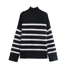 

Autumn new black youth chic Za loose Fashion pullover women neck striped women Sweater Sweater high elegant Sweater street high