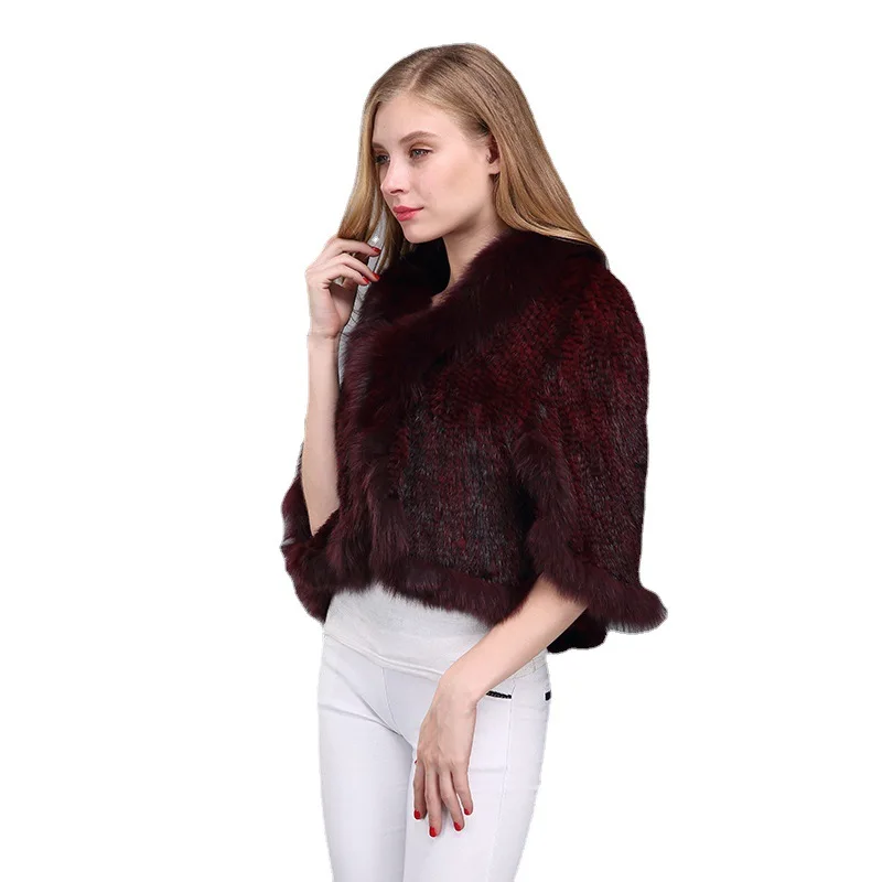 Women Natural Mink Fur Shawl Jacket Lady Knitted Mink Fur Scarf Shawl Lady Real And Fox Collar Poncho Coat