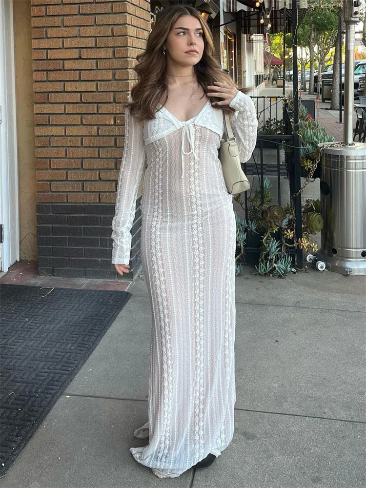 Vestido largo elegante con escote en V y mangas largas para mujer, vestido de fiesta de noche con aberturas, vestido halter de moda de verano 2025