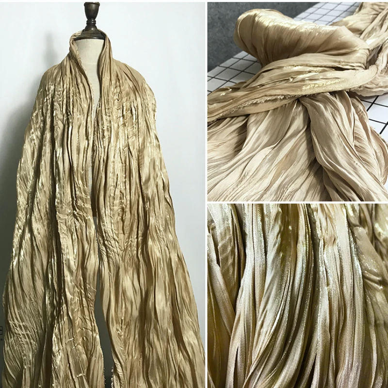 

Light Yellow Double Twisted Pleated Imitation Silk Fabric with Reflective Soft Graduation Designer Sewing Material Cloth Dress