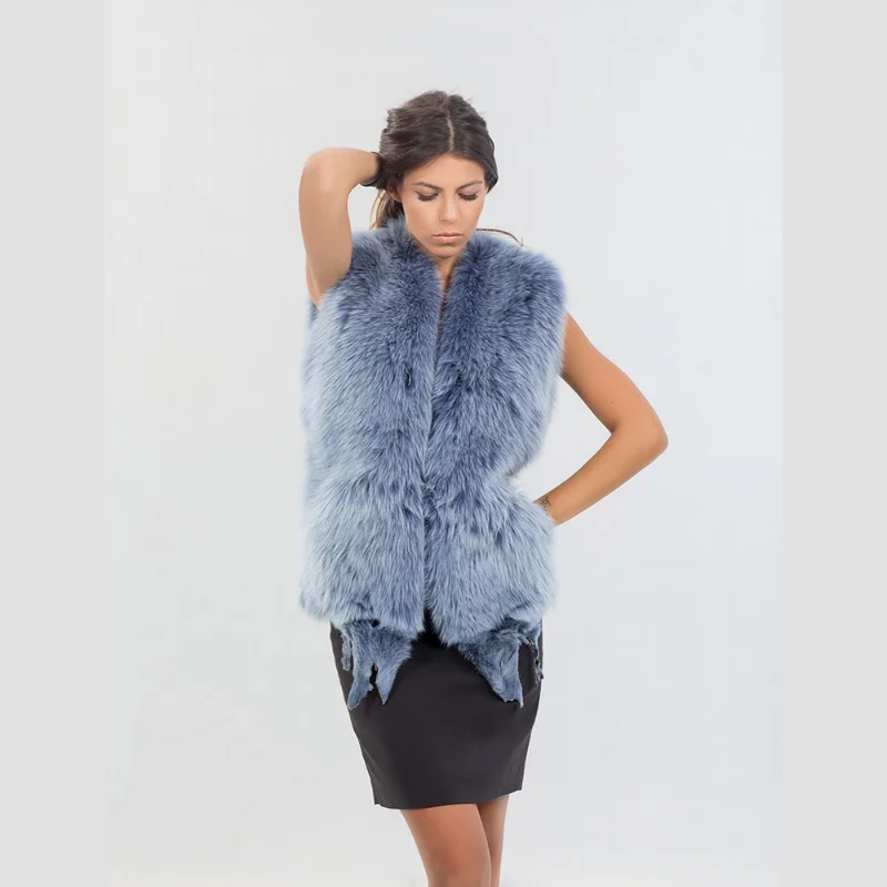 Natural Fox Fur Woven Sleeveless Vest Jacket Women Casual Fashion Luxury Outertwear V-Neck Genuine Real Fur Tank Top Lady