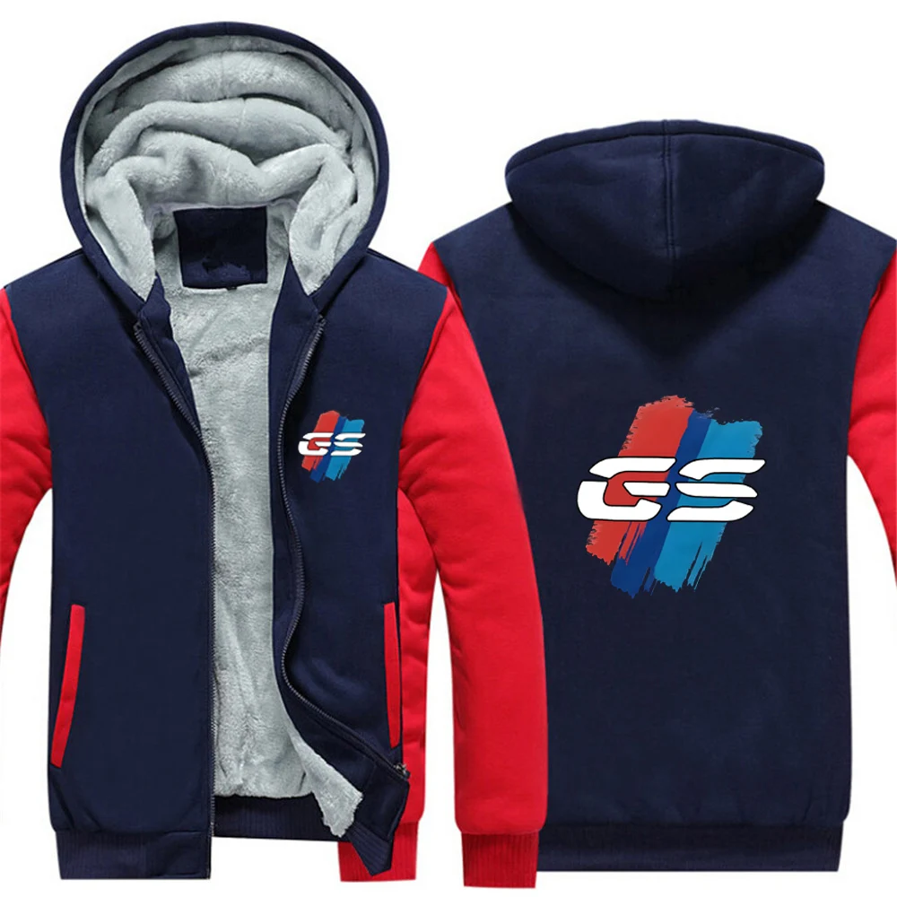 GS adventure fleece-lined zip hoodie in Navy/Red patchwork, front and back view
