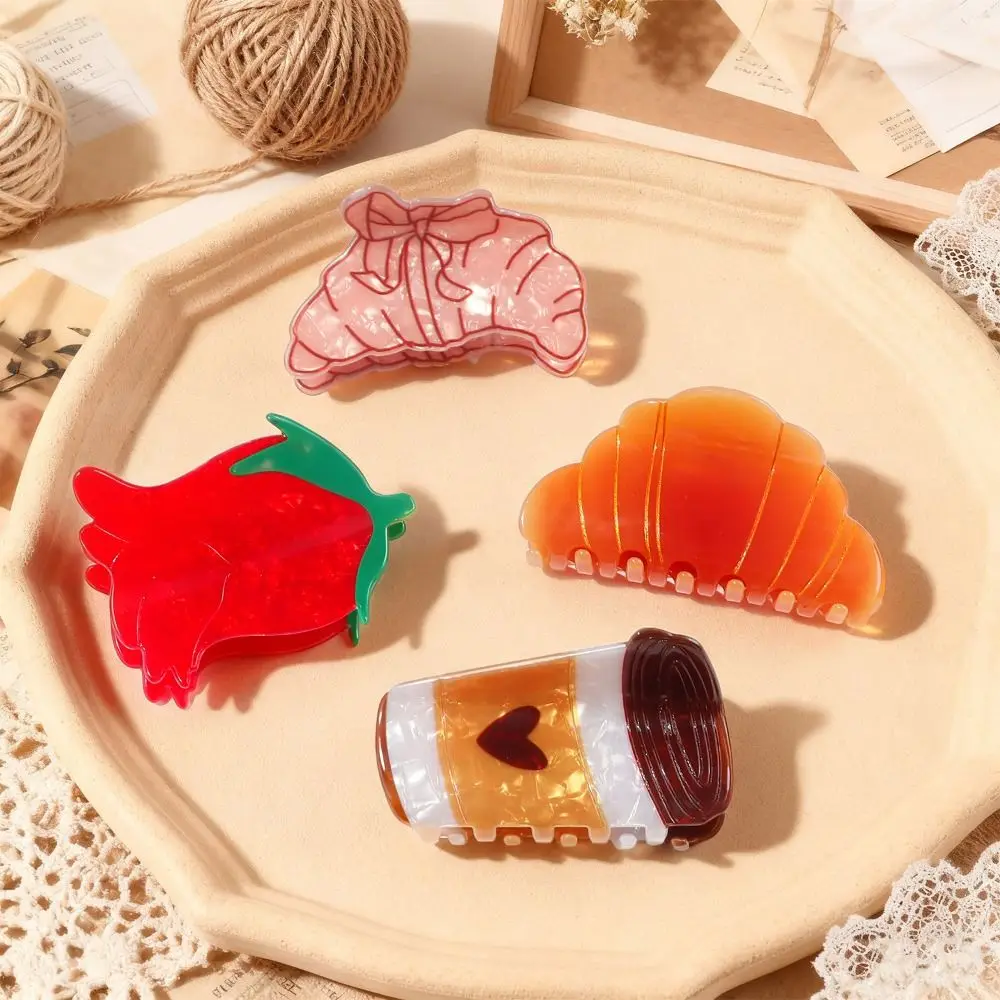Neue Cartoon-Haarklammern, braun, rutschfest, Haarklammern, Acryl, Kaffeetasse, Croissant, rote Rose, Design, niedliche Haarspangen für Frauen – Detail 6