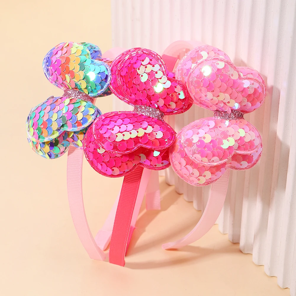 1Pc Cute Children Shiny Hair Band Butterfly Sequin Hair Hoop Girl Creative Hair Decoration Boutique Kids Hair Accessories Gifts new girls happy birthday gift minnie mouse headband disney ears hairband sequin bow party favor decoration kids hair accessories