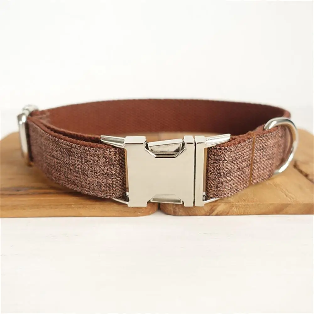 Collar personalizado para mascotas, placa de ajustable, fibra de lino, color marrón, juego de correa de plomo|Conjuntos| -